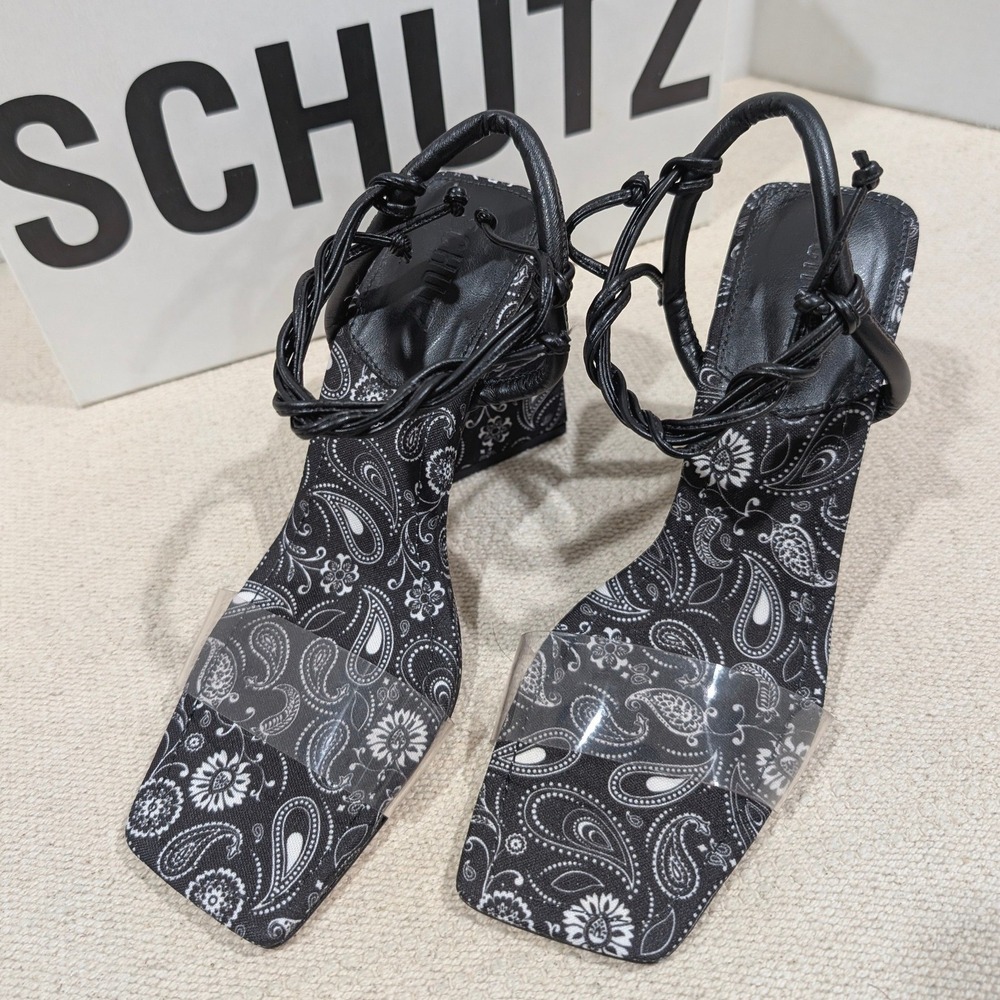 Schutz Black White Paisley Fabric Clear Strap Ankle Tie Block Heel Sandals 7.5B - Picture 4 of 11
